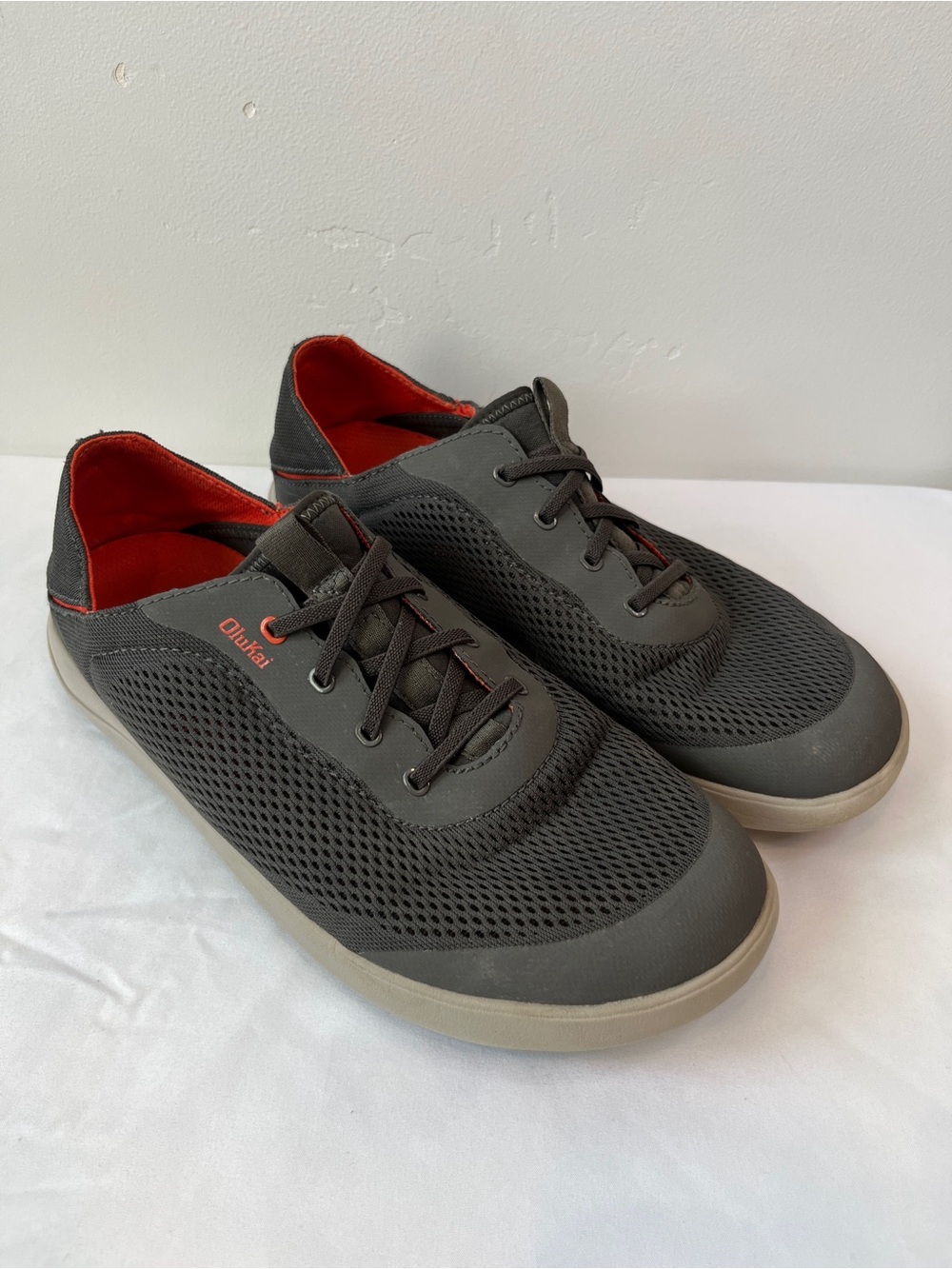 OluKai Moku Pae Mens Boat Shoes Breathable Mesh Sneakers Grey Orange US 10.5